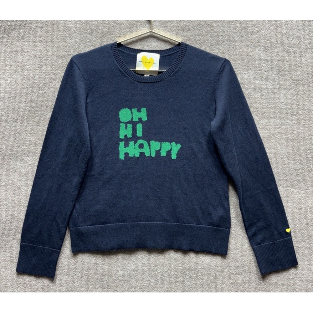 Kerri Rosenthal Liz Sweater Oh Hi Happy Womens Medium Navy‎ Blue Crew Pullover